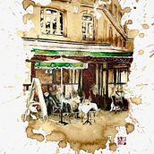 Un café parisien, café, feutres noirs, feutres blanc et aquarelle verte. Drawing, and Watercolor Painting project by Audrey Flament - 06.05.2025