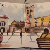Bergamo in motion!. Architectural Illustration, Drawing, Traditional illustration, Sketchbook, Sketching, and Watercolor Painting project by Grant McGovern - 06.29.2025