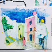 Playful impression of a street in Lisbon.. Gouache Painting, Sketchbook, Sketching, Artistic Drawing, Painting, Acr, and lic Painting project by Ann Wuyten - 07.01.2025