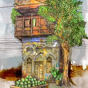 A Street Called Memory. Een project van  Architecturale illustratie, Digitale illustratie,  Tekening, Verhaallijn y  Schetsen van Sadaf Mirza - 18.07.2025