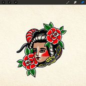 Chica con Serpiente y Rosas. Digital Illustration, Drawing, and Tattoo Design project by Edgar Vargas Zumbado - 08.11.2025