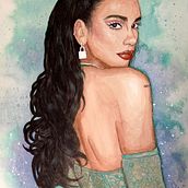Retrato en acuarela de Dua Lipa. Een project van Traditionele illustratie y Aquarelschilderen van Karina Trejo - 30.09.2025
