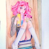 ¡Déjame leer en paz! (Natsuki Fan Art). Un proyecto de Ilustración infantil, Dibujo artístico, Dibujo con lápices de colores, Creatividad, Dibujo, Dibujo anatómico, Bellas Artes, Dibujo a lápiz e Ilustración tradicional de hermanosramos2025 - 11.10.2025