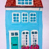 Casa celeste con ventanas rectangulares y flores.. Projekt z dziedziny Kreat, wność,  R, sunek, Malowanie gwaszami, Trad, c, jna ilustracja, Sketchbook, Sketching i Malowanie akwarelą użytkownika barbi_gonzalez89 - 06.11.2025