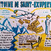 Mon sketchnote sur Saint-Exupéry . Un proyecto de Comunicación, Consultoría creativa, Creatividad, Dibujo, H, lettering, Ilustración tradicional, Lettering y Gestión del Portafolio de Marion REYRE - 20.02.2026