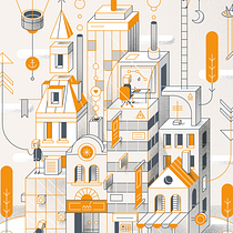 Ciudad industrial en estilo vectorial naranja