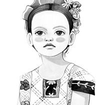 Niña con flores en tinta china