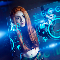 Interfaz holográfica sobre retrato femenino