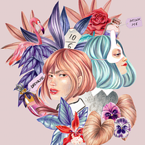 Retrato doble con flores y botellas