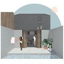 Patio contemporáneo con piscina y plantas