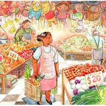 Mercado de frutas en acuarela