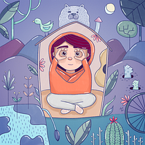 Niño soñador en casita imaginaria
