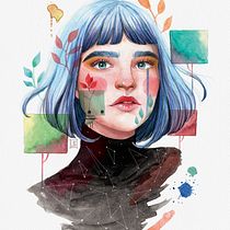 Garota de cabelo azul em aquarela