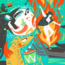 Night of the Dancing Flame: Ilustración vectorial con sello surrealista