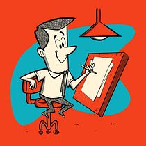 Caricatura retro del ilustrador trabajando