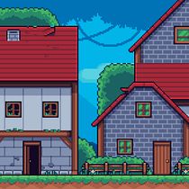 Aldea pixelada con casas rurales
