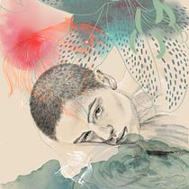 Retrato onírico con peces y acuarela