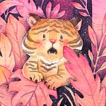 Tigre pequeño entre hojas rosas