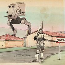 Guardia imperial y AT-ST en pueblo