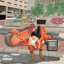 Coursier néo-Tokyo et moto rouge