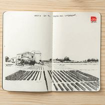 Masía y campos en tinta negra