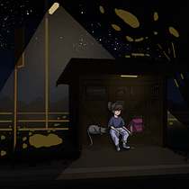 Cat girl on bus stop