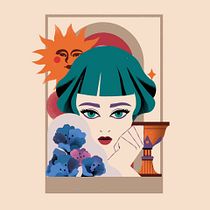 Retrato pop con sol y flores