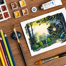 Moonlit Forest Lantern gouache painting