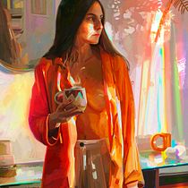 Mujer con taza al amanecer