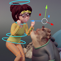 Niña animada jugando con monstruo
