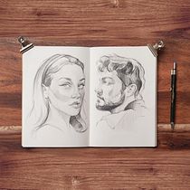 Retratos en lápiz sobre cuaderno