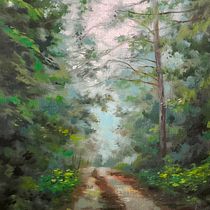 Sendero entre niebla y pinos, óleo
