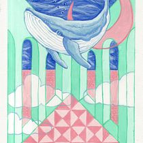 Whale Above Geometric Dreamscape (gouache)