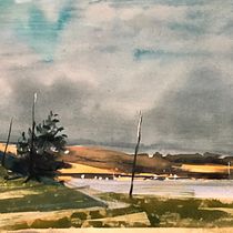 Sturmhimmel über Flusslandschaft (Aquarell)