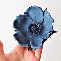 Denim Anemone Flower Brooch