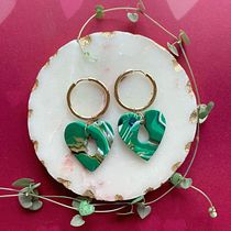 Green Marbled Heart Hoop Earrings
