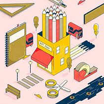 Tienda de arte isométrica con útiles