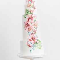 Tropical floral hand-painted wedding cake