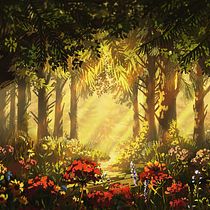 Sunlit Forest Path with Wildflowers