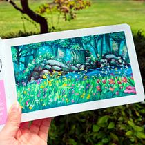 Pradera floreada junto al arroyo (gouache)