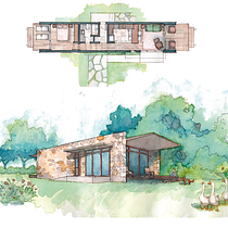 Casa de campo em aquarela com planta