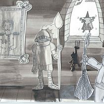 JUAN SIN MIEDO,  es el resultado de mi primer contacto con el collage y la tinta, con claroscuros que generen la emoción de temor pero con un toque divertido.. Traditional illustration project by Carolina Fontanals Riola - 10.22.2017