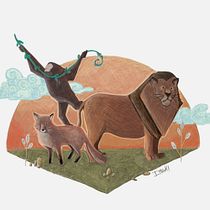 Mono, león y zorro. Ilustración digital con lápices de colores. Ilustração tradicional projeto de Miryam Pérez - 21.03.2018