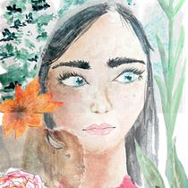 La Chica y el bisonte. Een project van  Beeldende kunst,  Portrettekening y Aquarelschilderen van Haydee Villarreal - 30.08.2018
