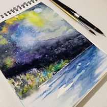 Galaxia con paisaje. Fine Arts, and Traditional illustration project by Ana Ines Cohen - 09.06.2018