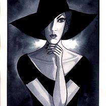 Dama con sombrero en tinta china. Ilustração tradicional projeto de Melissa Jamin Beyer - 06.12.2018