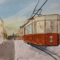 Tranvía número 7. Pintura em aquarela projeto de javsada - 05.02.2020
