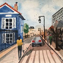 Una calle de Montrouge (Francia) en la tarde. Pintura em aquarela projeto de eleonore_sueur - 10.03.2020