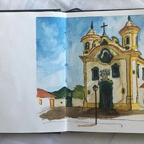 Igreja de Nª Sª do Carmo, Mariana, Brazil. Ilustração arquitetônica, e Pintura em aquarela projeto de Clara Cunha - 23.06.2020