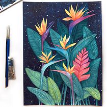 AVES DEL PARAÍSO DE NOCHE: Acuarela botánica en negativo. Un proyecto de Ilustración tradicional, Ilustración botánica y Pintura a la acuarela de Alex Vigo - 12.07.2020